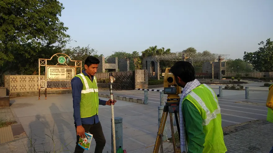 Total station survey within landscaped public grounds — BTPL fieldwork, representative of this survey type