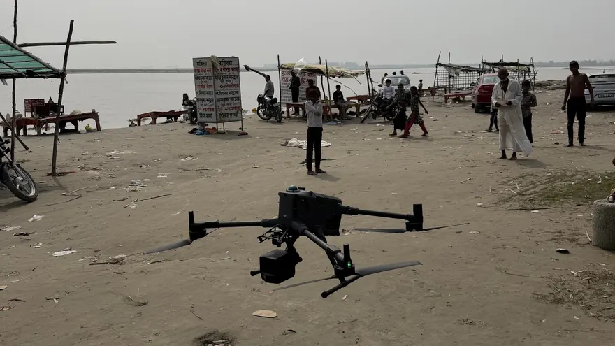 BTPL's DJI Matrice 400 RTK with Zenmuse L3 LiDAR lifting off on the ghat at Garhmukteshwar, with the Ganga behind — a photograph from this project, October 2026